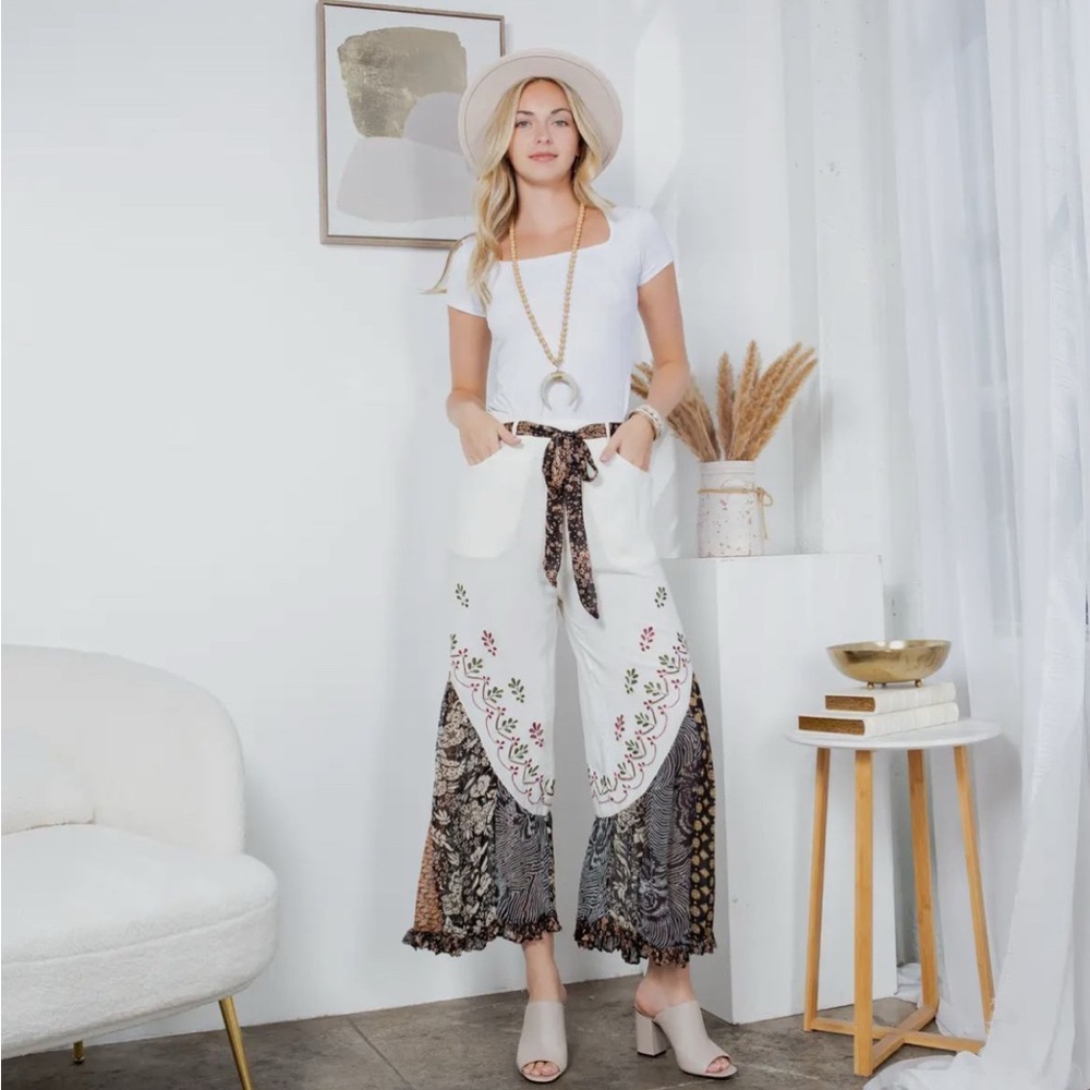 Boho Floral Wide-Leg Jumpsuit Pants with Tie Waist - White
